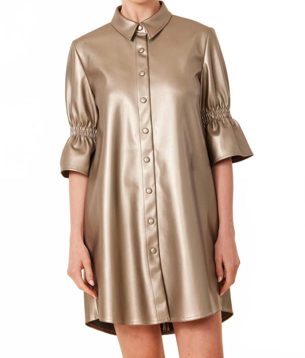 NEW DOLCE CABO vegan leather metallic ruffle sleeve dress in antique gold